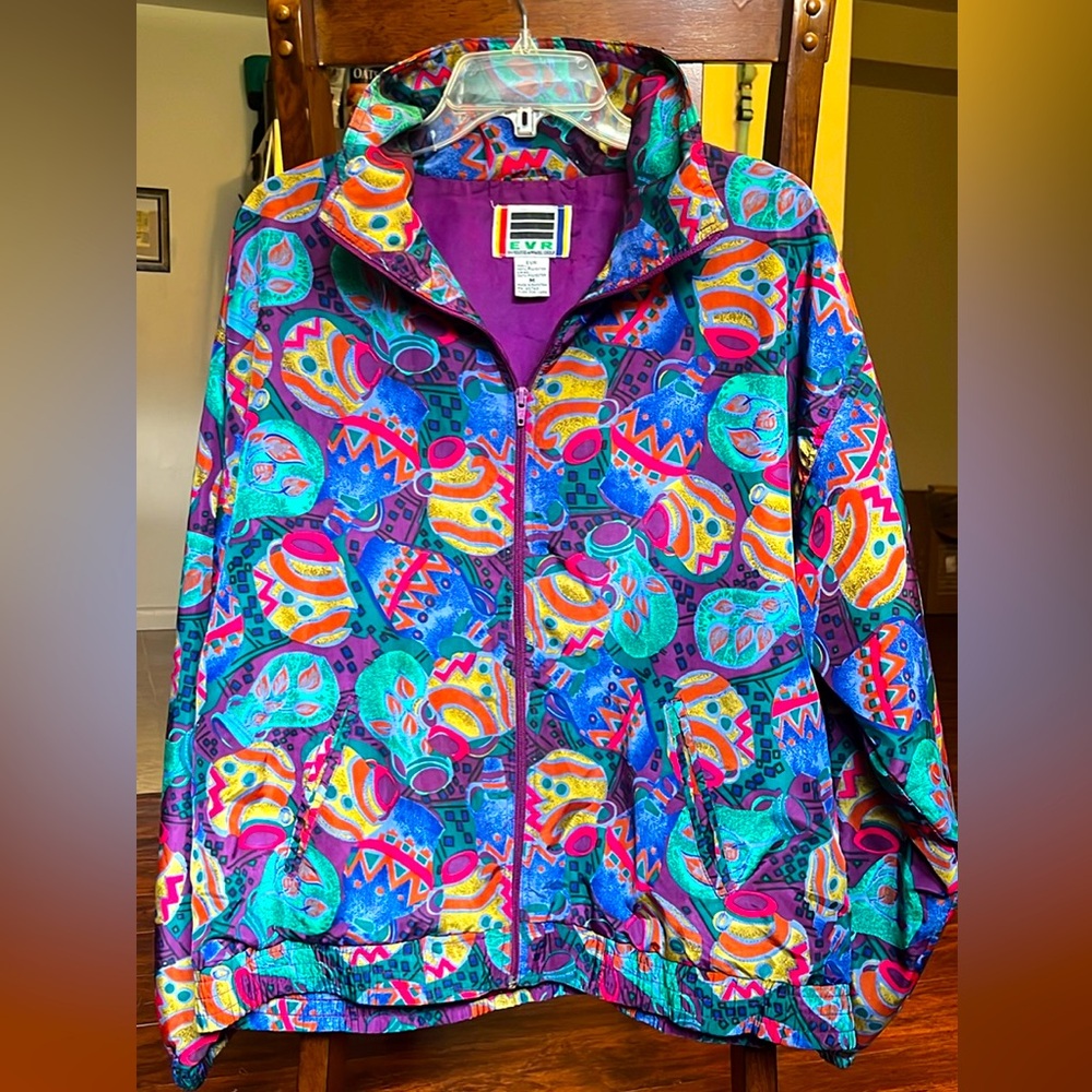Vintage 80s Full Zip Up Windbreaker Party Jacket Pottery Vase Pattern